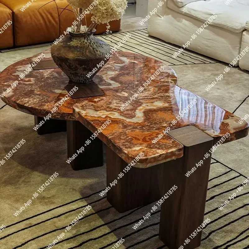 

K C69 Italian Luxury Dragon Red Marble Coffee Table Set, Designer Round Table With Natural Veining, Heat&Scratch Resistant, Cust