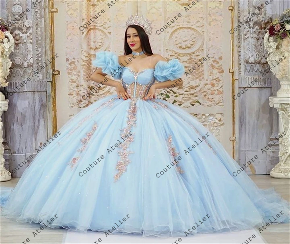 Princess Light Blue Ruched Short Sleeves Quinceanera Dress Lace Appliques Ball Gown Puffy Dress 18th Birthday Debut vestidos