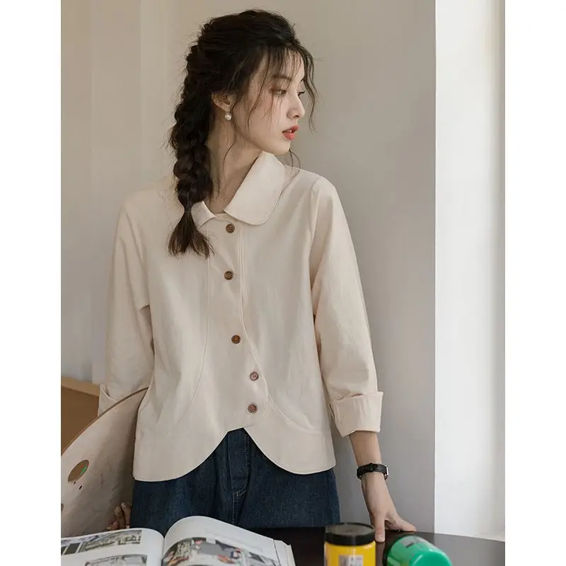 Japanese Brushed Loose and Slimming Design Shirt Top Women\'s Polo Collar Long Sleeved Cardigan Shirt