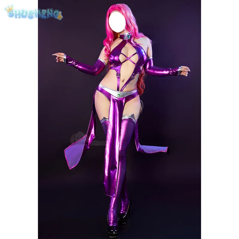 

Teen Cos Titans Starfire Косплей Костюм Фильм Хэллоуин вечерние женский сексуальный кожаный комбинезон носок аксессуар униформа комплект S-XL