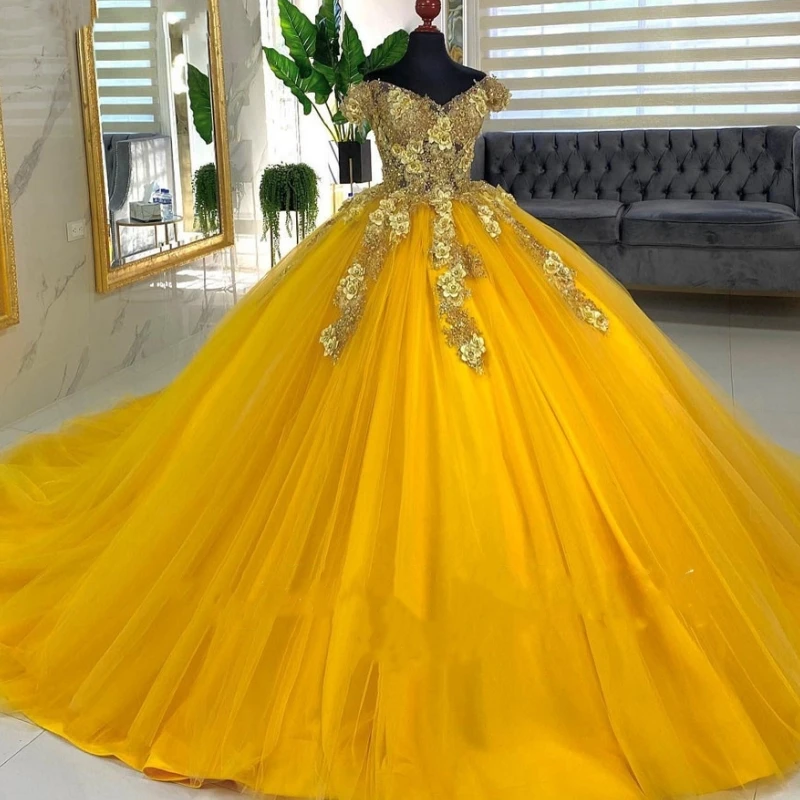 Vestido De fiesta elegante dorado amarillo personalizado para ocasiones especiales para mujer Vestido De baile con cuentas De flores Vestido De xv Quinceanera 15 AQ276