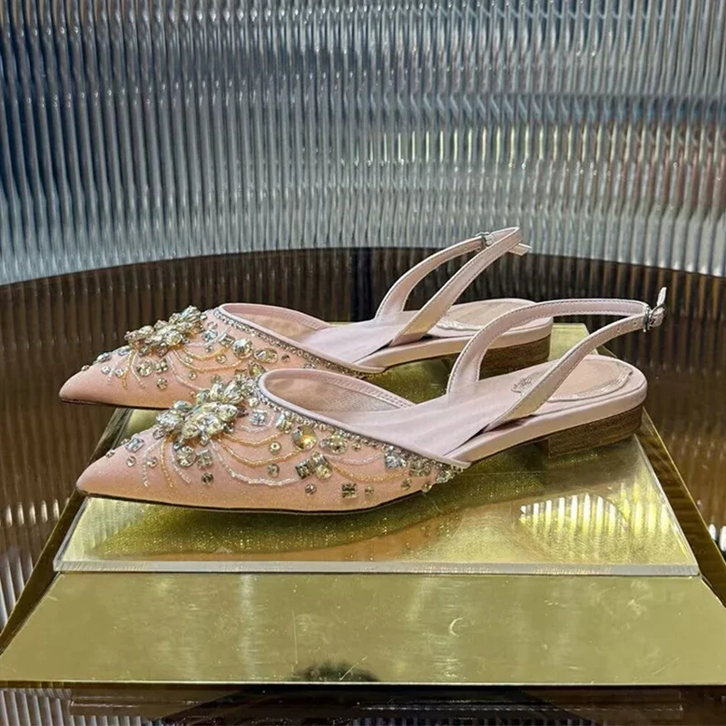 Sandals Women Pointed Toe Mesh Closed Toe Crystal String Bead Decor Thin High Heels Sandalias Summer Party Dress Shoes Pumps