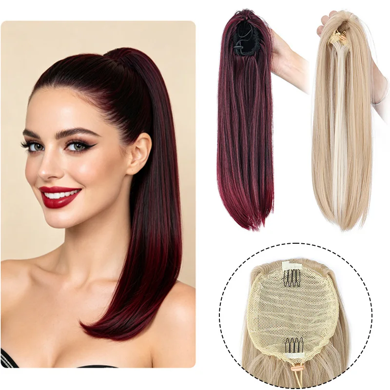 Synthetic Yaki Straight Drawstring Ponytail 14 Inches Drawstring Pony Tail Kinky Straight Ponytail Hair Extension for Women