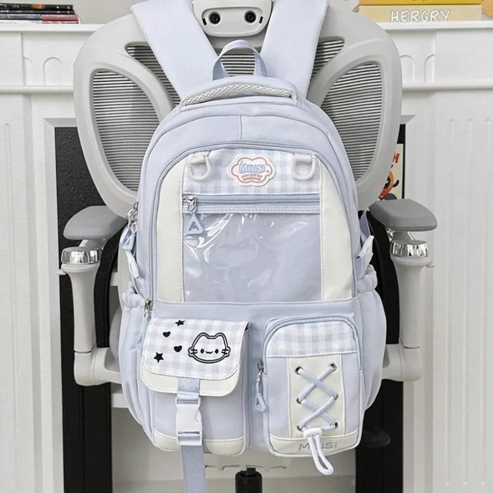 Preppy Style Multi-Compartment School Backpack Large Capacity Lightweight Plaid Color Block Daypack Multi-Pocket Zipper Rucksack