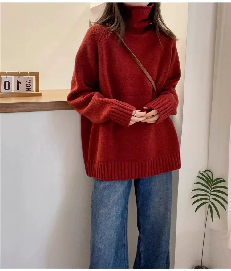 Red Turtleneck Cashmere Sweater for Women, Loose Pullover, Thick, New Year, Lazy Wind, European Goods, 100%, Autumn and Winter