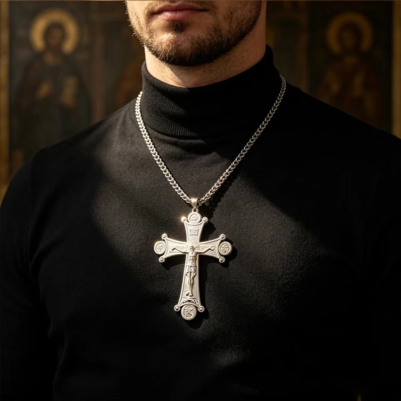 New Orthodox Crucifix Cross Necklace for Men Stainless Steel Silver Byzantine Pendant Jesus Christ Relief Religious Jewelry Gift