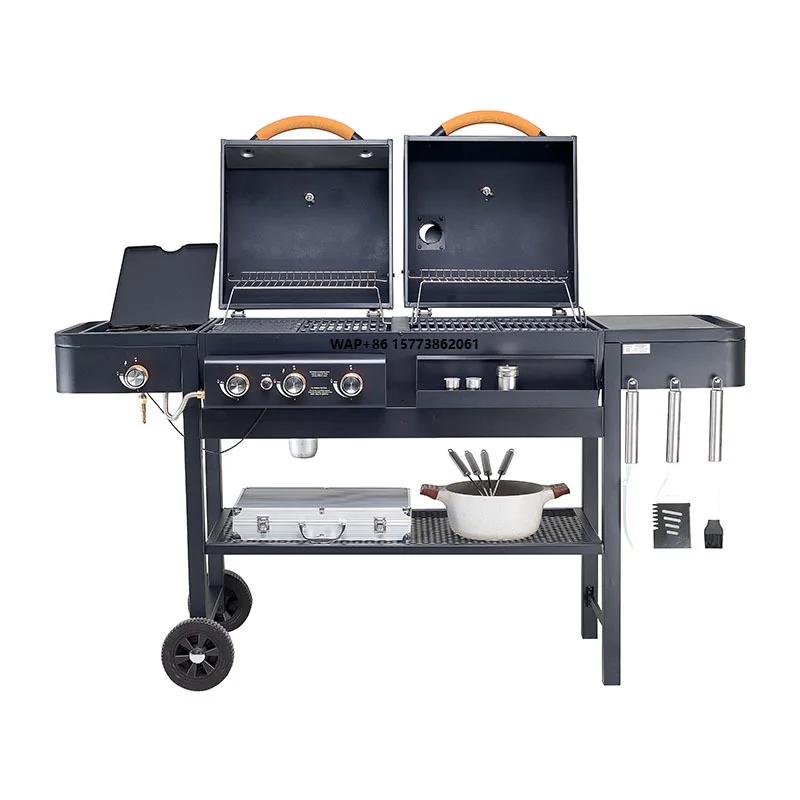 Dual-Use Outdoor Gas Charcoal BBQ Grill Large American-Style Metal Rack Heavy-Duty for Courtyard Home or Villa for Kitchens