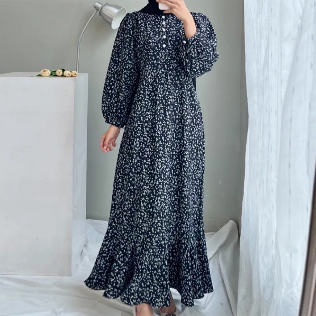 Women Fashion Loose Printed Long Sleeve O Neck Muslim Abaya Dress Vintage Ruffles Hem Sundress Robe Femme Turkey Vestido Kaftan