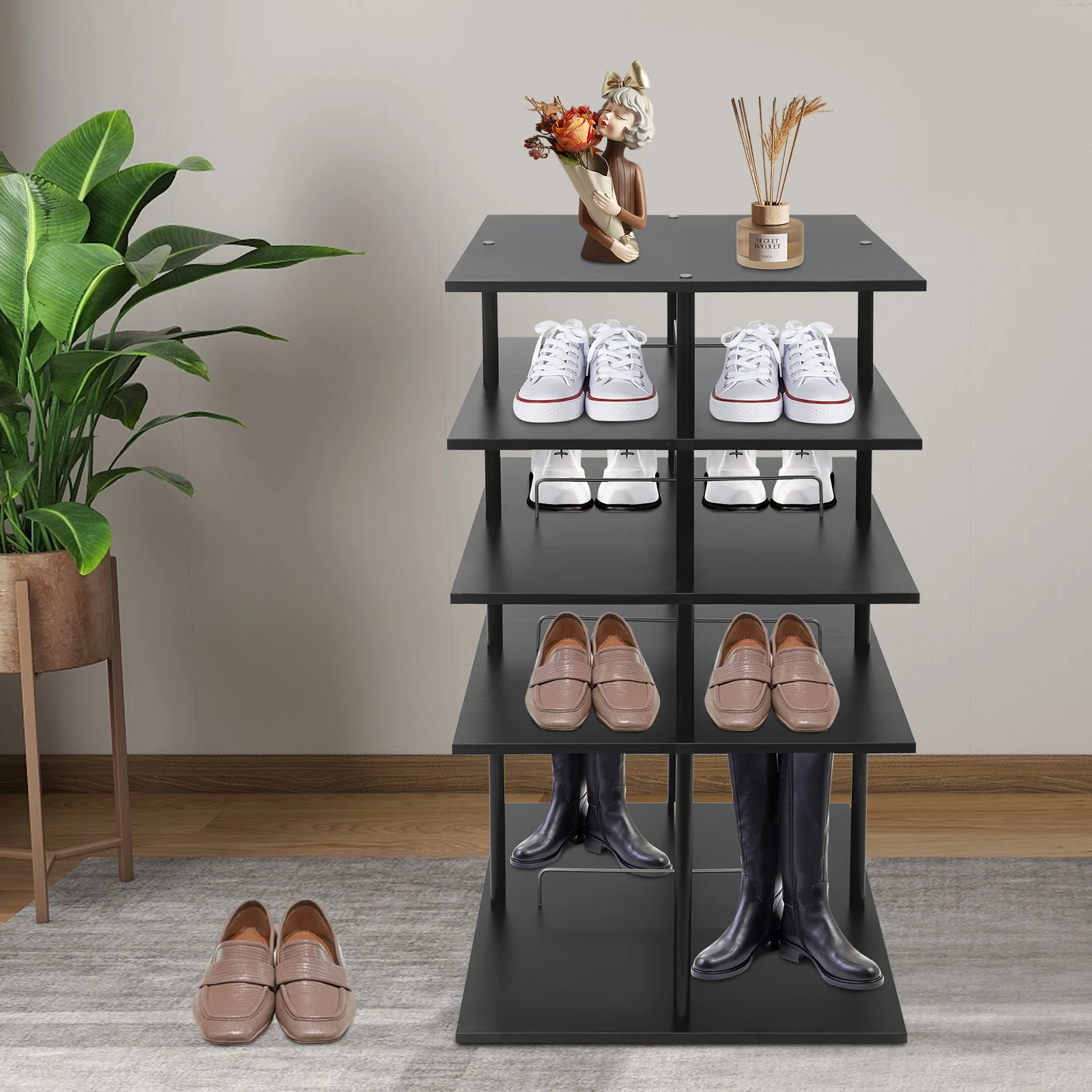 

4-Tier Rotating Shoe Storage Rack | Black, Multi-layer Shoe Organizer Shelf Easy Assembly 4-Tier Shoe Rack | Rotating Black Orga
