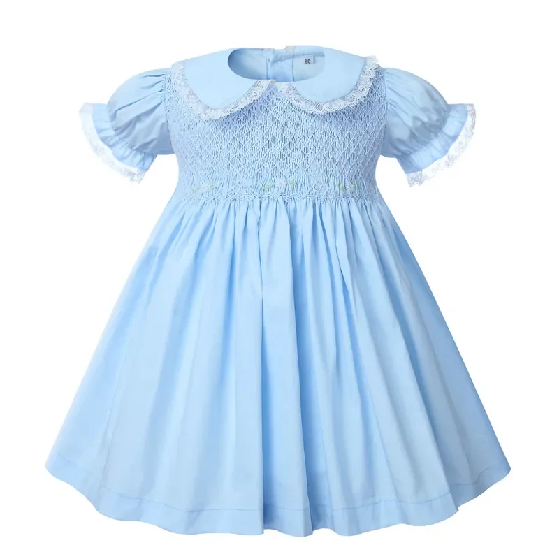 Girls Smocking Dress Baby Handmade Smock Clothes for Girl Children Peter Pan Collar Lace Frocks Infant Boutique Vestidos