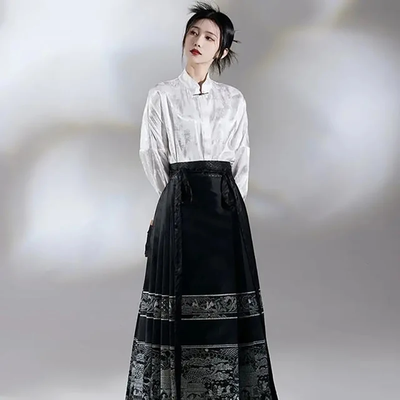 M Dynastie Hanfu Paard Gezicht Rok Vrouwen Plooien Rok Zwart Wit Shirt Rok Sets Chinese Traditionele Hanfu Rok Plus Size