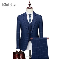 Elegancki garnitur slim fit dla mężczyzn Trzyczęściowy granatowy garnitur w kratę Inteligentny formalny smoking Kamizelka Spodnie Smoking Zestaw Strój na wesele