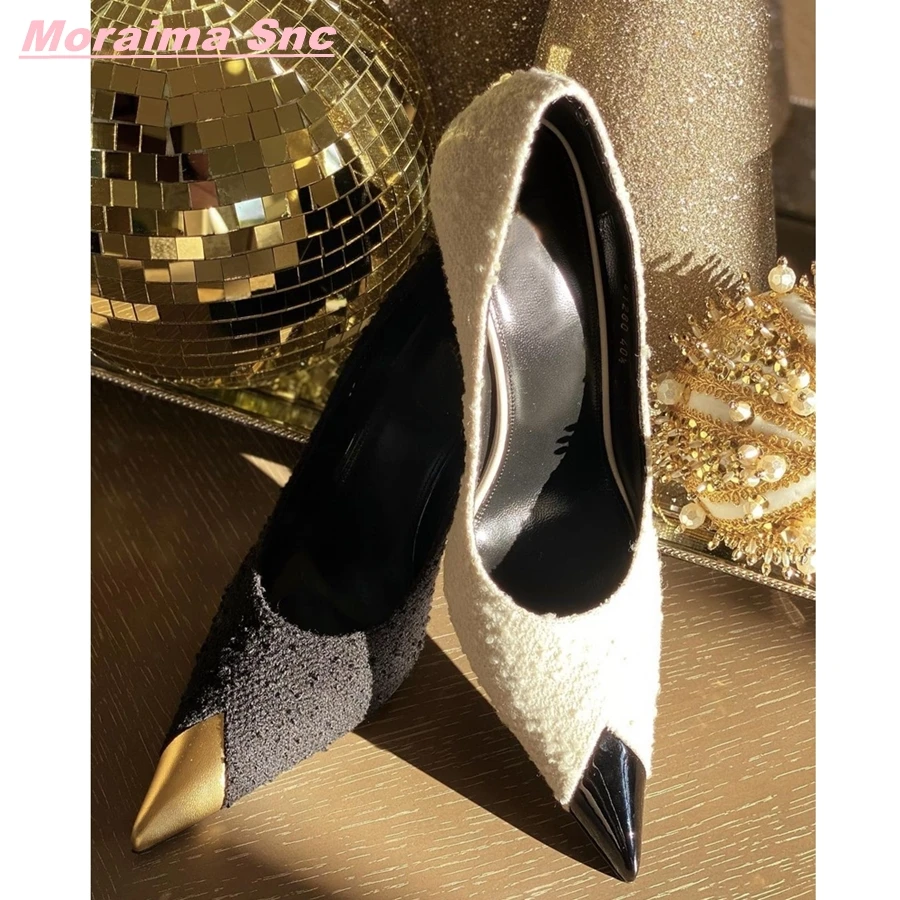 Golden Metal Pointed Woolen Stitching Pumps Unique Patchwork Woman Slip On Catwalk Runway Sexy New Arrival 2022 Hot Sale Shoes