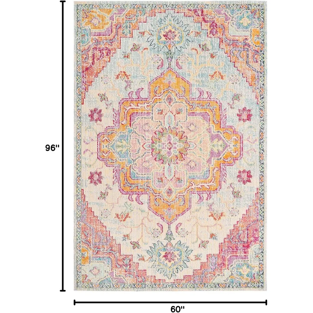 5x8 Medallion Distressed Area Rug Light Blue Fuchsia Non-Shedding Easy Care for Living Room Bedroom