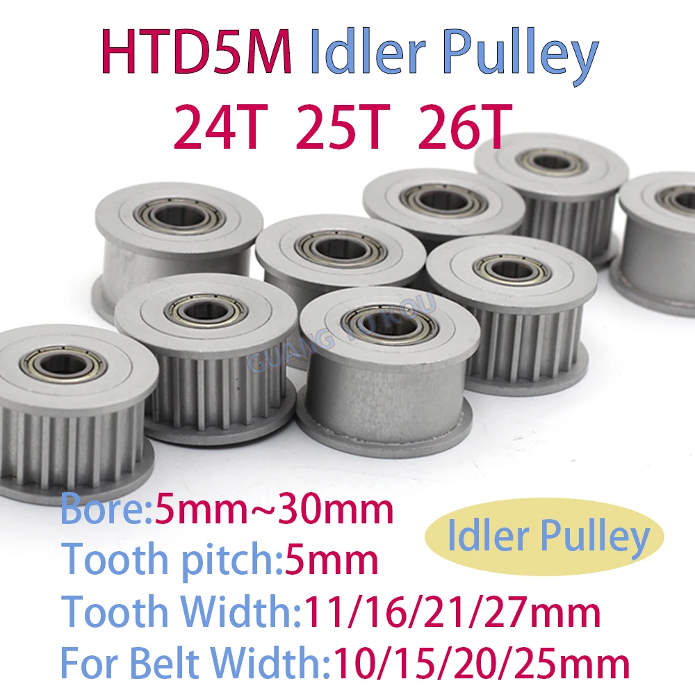 HTD 5M 24Teeth/25Teeth/26Teeth Idler Pulley Various Belt Widths 10/15/20/25mm Bore 5mm to 30mm Synchronous Wheel for CNC 5M24T