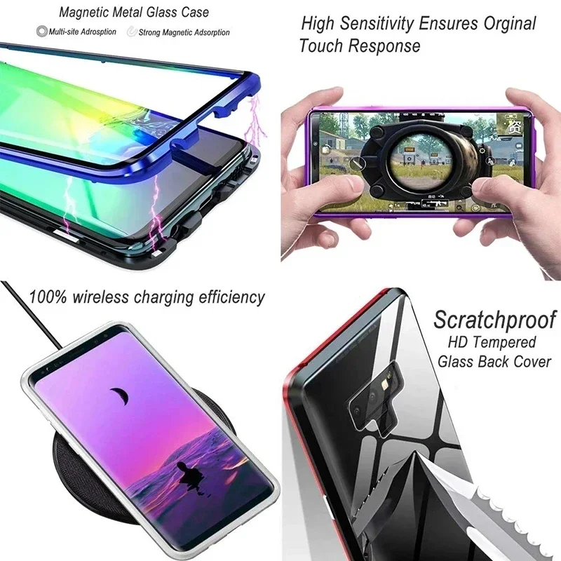 Double Sided Magnetic Metal Case For Samsung Galaxy S23 S22 S21 S20 Plus S24Ultra Note20 Ultra S23Fe A14 A71 A53 A54 Glass Cover