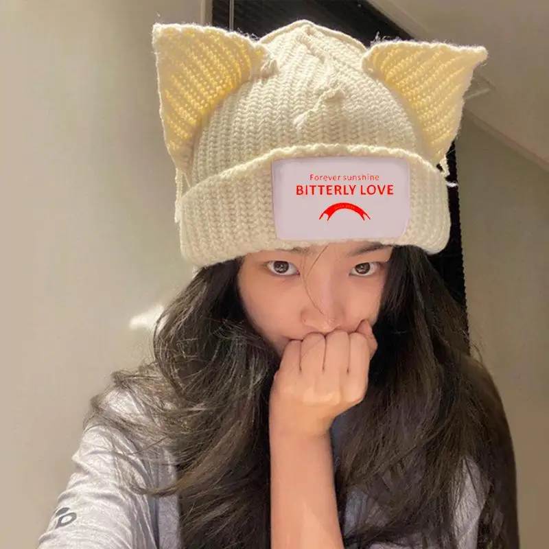 2024 Loverboy Cat Ear Knit Hat Solid Warm Pig Ear Woolen Hat Cute Fashion Hooded Cap Niche Design Hip-hop Personality Cold Hat