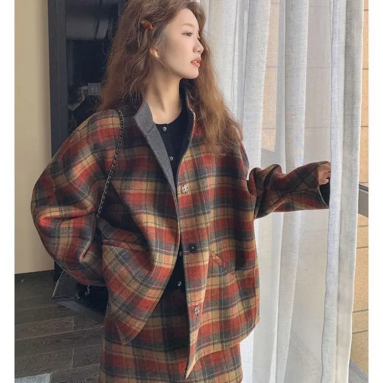 Korean  British  patterned half skirt set for women, 2024 autumn new item slimming jacket top and short skirt two-piece set