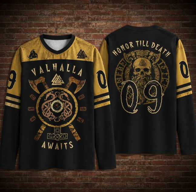 Valhalla Awaits Viking Long Sleeve  Honor Till Death Skull Axe Norse Rune 3D All‑Over Print V‑Neck Mesh Pullover Streetwear Tops