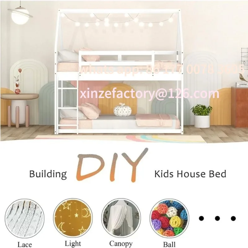 Customizable Twin Over Twin House Bunk Bed for Kids,Floor Low Bunk Beds with Ladder and Guardrails,Solid Wood Twin Size