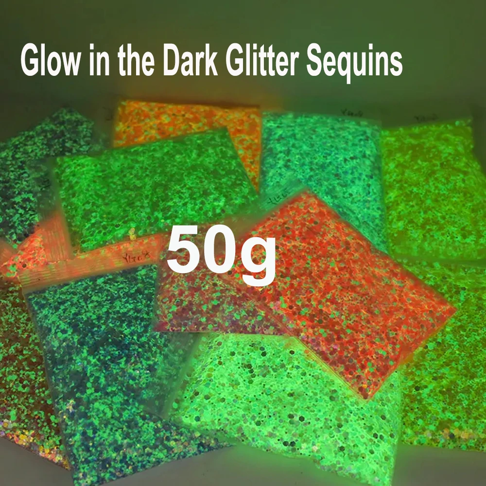 50G Gloed In Donkere Dikke Glitter Pailletten 0.4-2Mm Lichtgevende Pailletten Met Gemengde Grootte Holografische Kerst Oog/Nagel/Bady Manicure Pailletten