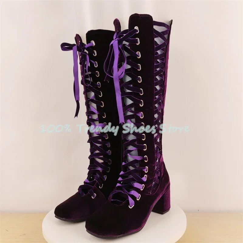 Lolita Girl Butterfly-Knot Lace-Up Women Long Boots Sexy Hollow-Out Cross-Tied Strap Knee High Boots Summer Cool Boots for Lady