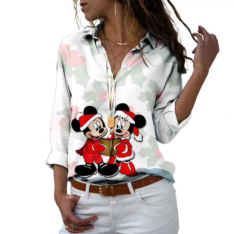 Christmas Collection Women\'s Fashion Blouse Fall Long Sleeve Disney Mickey and Minnie V Neck Shirt Casual Ladies Top Y2k