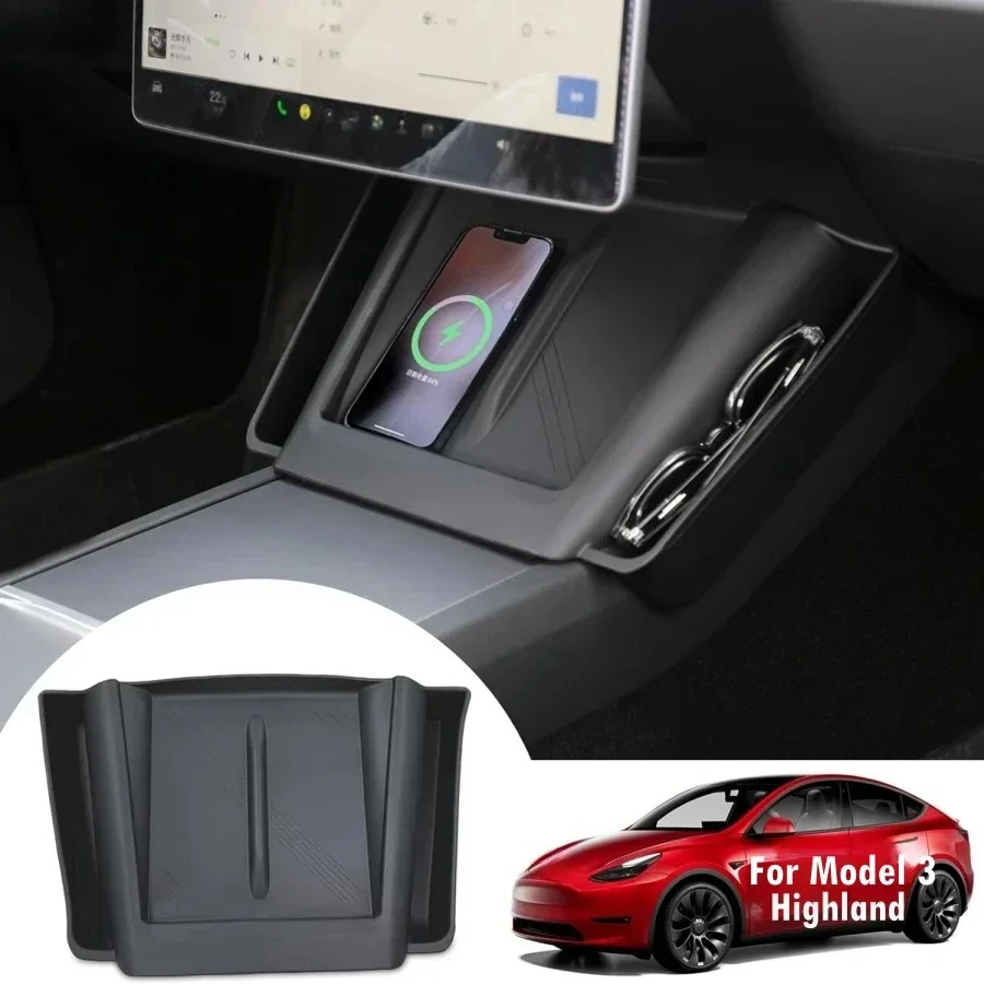 

For Tesla Model 3 2023 ABS Plastic Wireless Charging Pad Non-Slip Mat Dust-Proof Charger Protect Cover With Side Storage Pocket