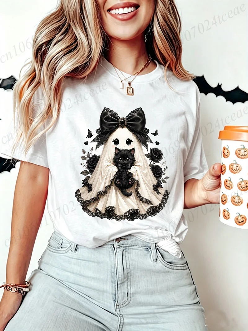 Cute-Ghost-Cat T-Shirts Shirts Short Sleeve Tee Tshirts Spooky Season Shirts Clothing Family Friends Party T-Shirts Gifts