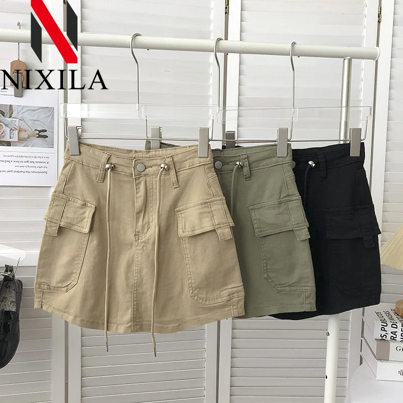 Summer Drawstring High Waist Denim Package Hip Half-body Skirt Korean FashionVintage Versatile Solid Color Skirt Women Clothes
