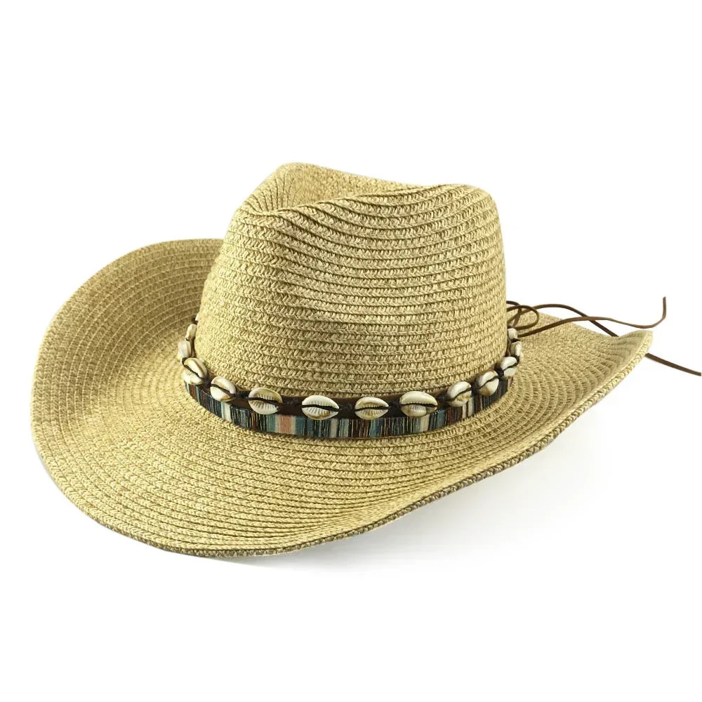 

Summer Straw Hat for Men Women Hat In Cowboy Style Fedora Hat with Shells Ornament