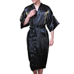 Men Robe Satin Sily Sleepwear Chinese Dragon Kimono Bathrobe Loose Breath Pajamas Smooth Nightgown Casual Bath Robe Homewear