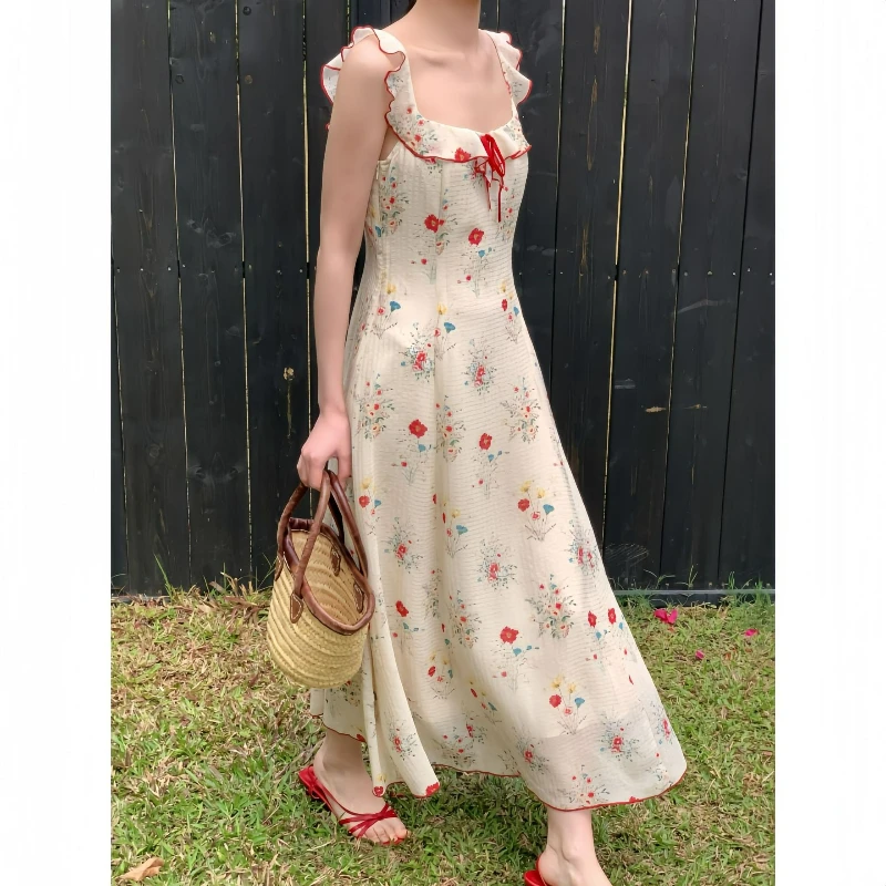 

Summer Coffee Break Suspender Skirt Sexy and Beautiful Sleeveless Floral Dress Temperament Fashion Comfort Elegant High Quality
