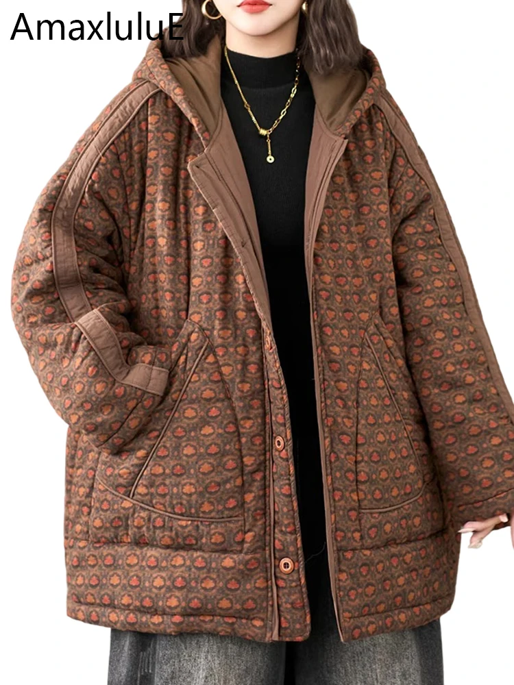

Amax LuluE Designer Winter Outerwear Womens Hooded Warm Padded Jackets Ladies Casual Loose Thicken Coats Classic Vintage Parkas