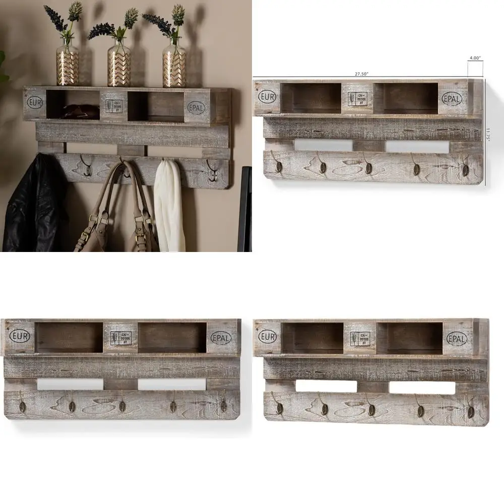 

Настенная вешалка для одежды из серого дуба в деревенском стиле с полками