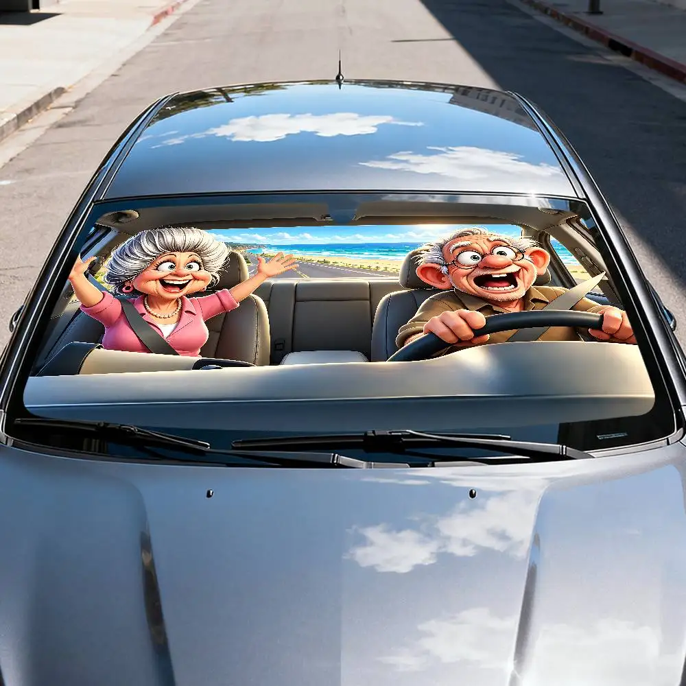 Funny Cartoon Grandma Grandpa Driving Pattern Car Sunshade-Universal Fit 70x130cm,UV Protection & Windshield Cover For Car Decor