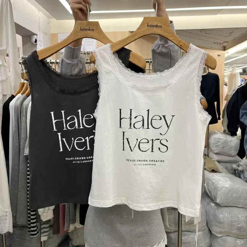 동다 여름 신상 레터 프린트 레이스 스플라이싱 슬림 스트랩 베스트 여성 패셔너블 다용도 레이스 트림 코르셋 탑