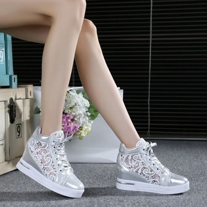 Summer Women\'s Lace Casual Breathable Mesh Sneakers White Flats Loafers High Heels Platform Wedges Ladies Creepers Shoes Fashion