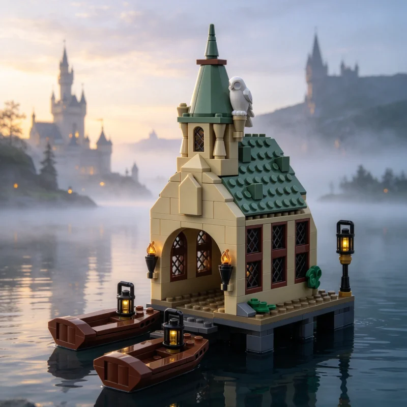 MOC Building Bricks Set Wooden Boathouse Waterfront Scene Fishing Village DIY Assembly Brick Set Desktop Ornament Display