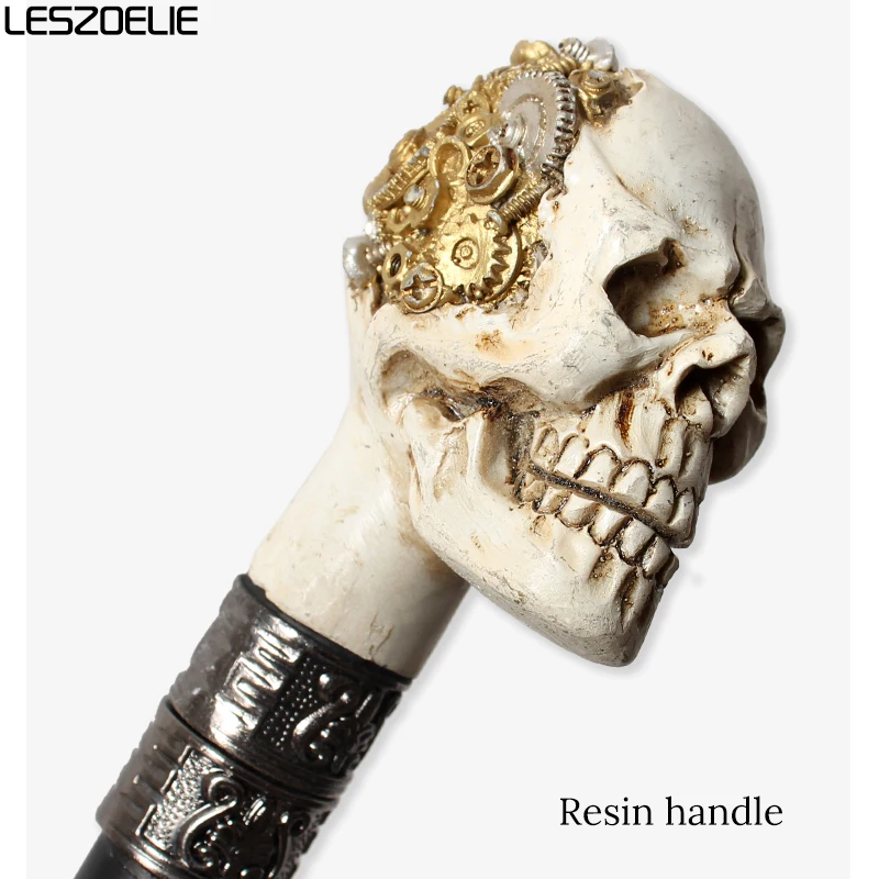 Tongkat Jalan Kepala Tengkorak Resin dengan Roda Gigi dan Sekrup Emas, Tongkat Steampunk untuk Cosplay Halloween, untuk Pria dan Wanita