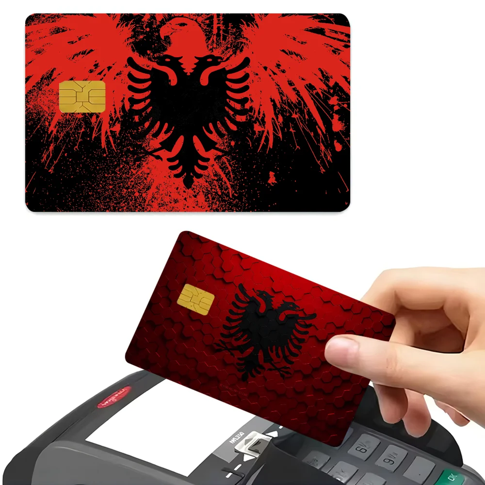Albania Flag Anime Cartoon 4pcs 1Set Skin Stickers Film Tape Case For Big Credit Debit Card Front Side