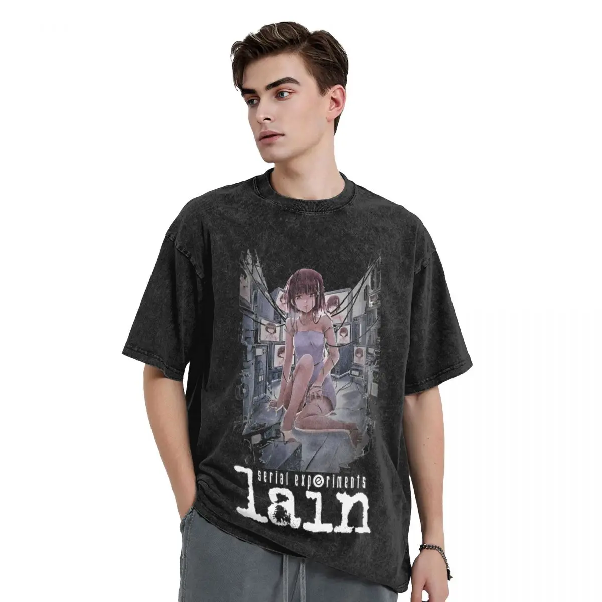 Lain Lwakura Serial Experiments Lain Washed T Shirts Streetwear Hip Hop T-Shirt Anime Tees for Men Women Short Sleeve Summer