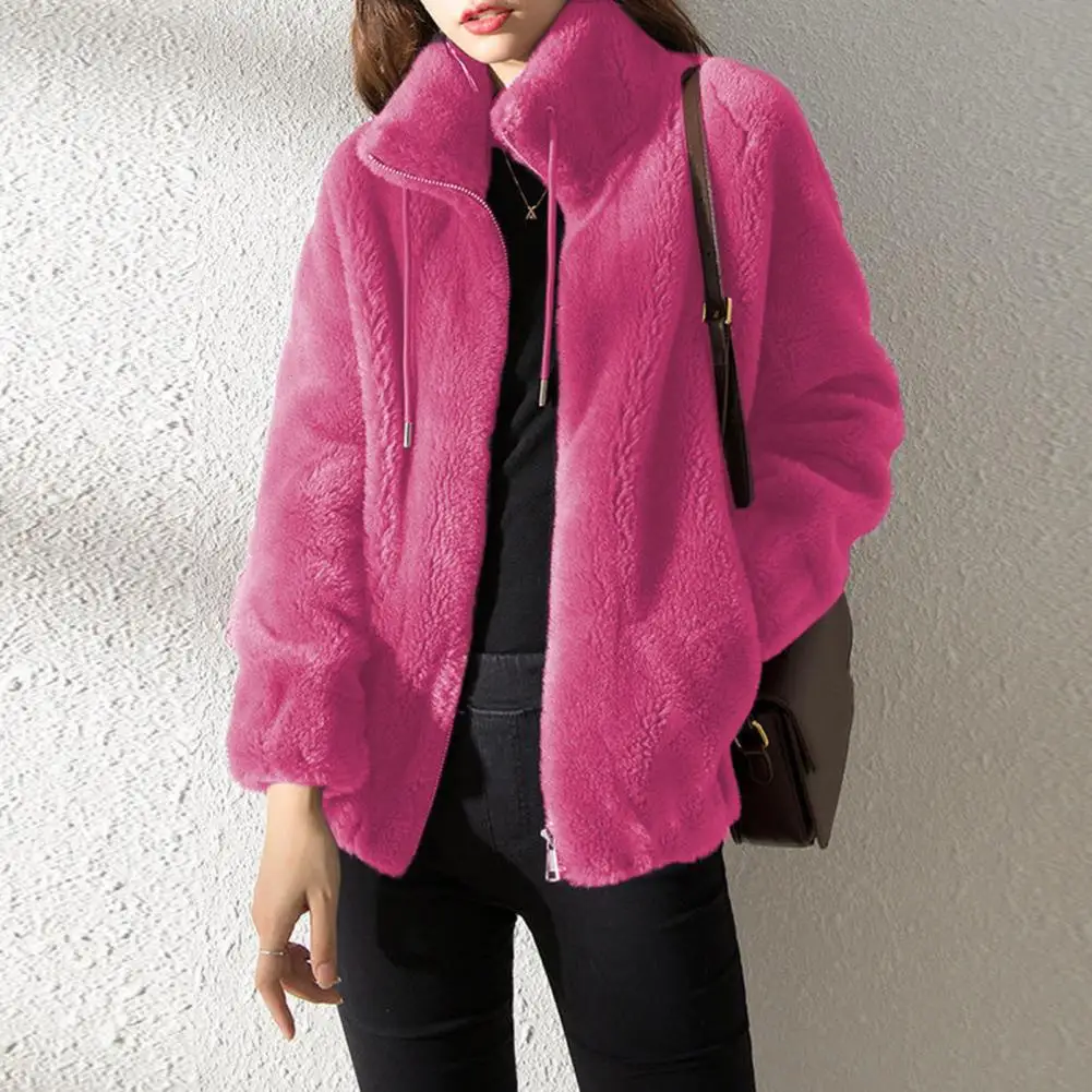 

Solid Color Winter Coat Winter Jacket Cozy Double-sided Furry Plush Cardigan Coat with Drawstring Stand Collar Autumn Winter