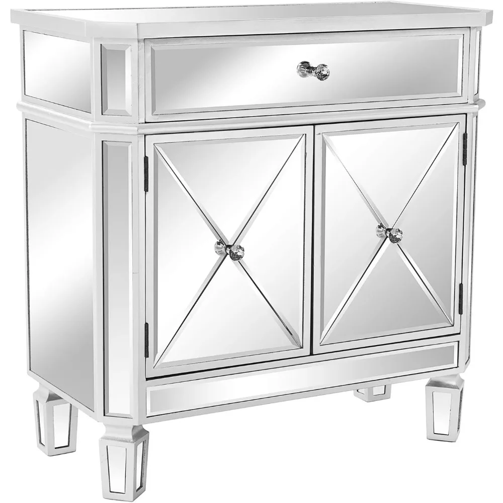 Mirrored Cabinet, Mirrored Nightstand, Mirrored Dresser Accent Chest, L1 Drawer and Two Doors, 27.5”W x 13.4”D x 27.5”H