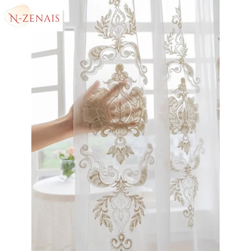 Custom Size European Luxury Embroidery Thermal Insulation Semi-blocking Curtains for Living Dining Room Bedroom White Tulle