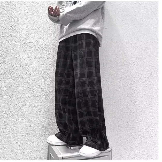 Men Checkered Casual Pants Loose Straight Corduroy Pants Sweatpants Man Fashion Streetwear Spring New Hip Hop Trousers Y2k Kpop