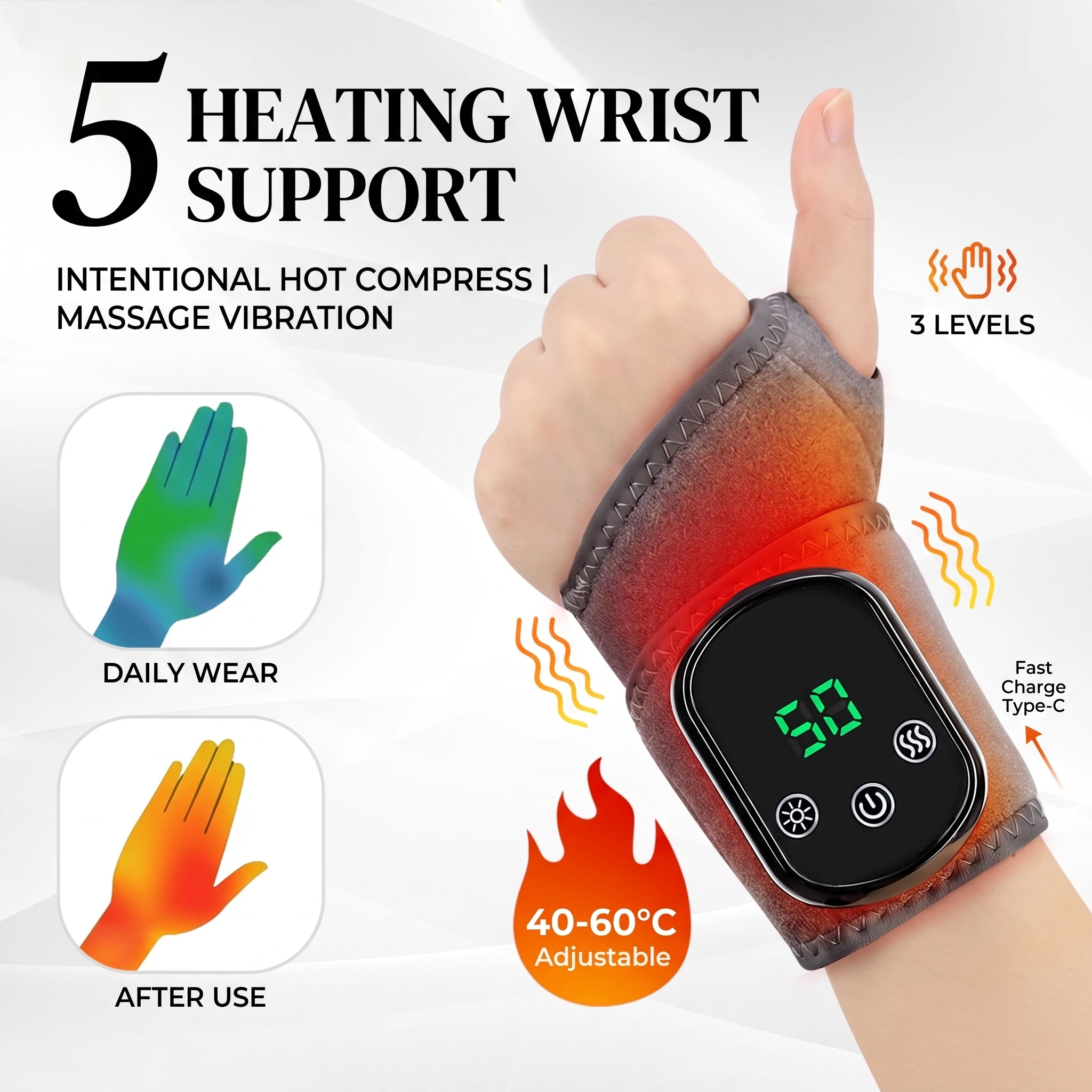 Cordless Wrist Brace with Heat, 5 Temperatures 3 Vibration Modes Massager Wrap Rechargeable for Gaming Typing Office Home