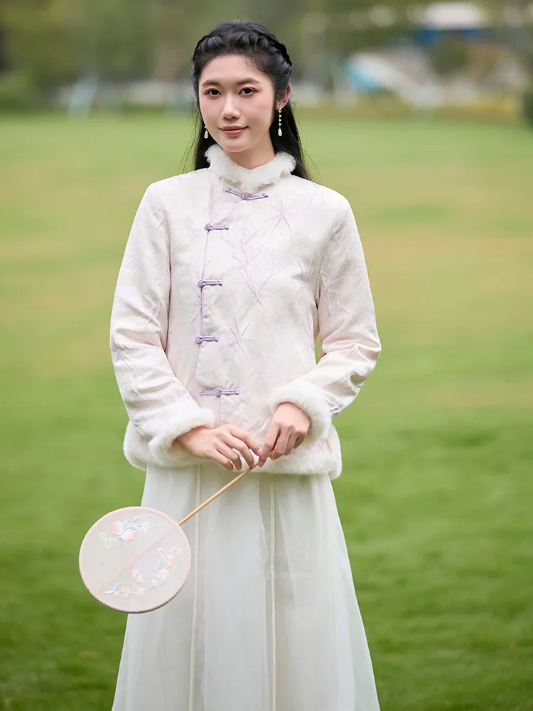 

Женский костюм Thiened с вышивкой Fce, воротник-стойка, пуговица, передний боковой разрез, улучшенный костюм Тан, топ, китайский зимний костюм...