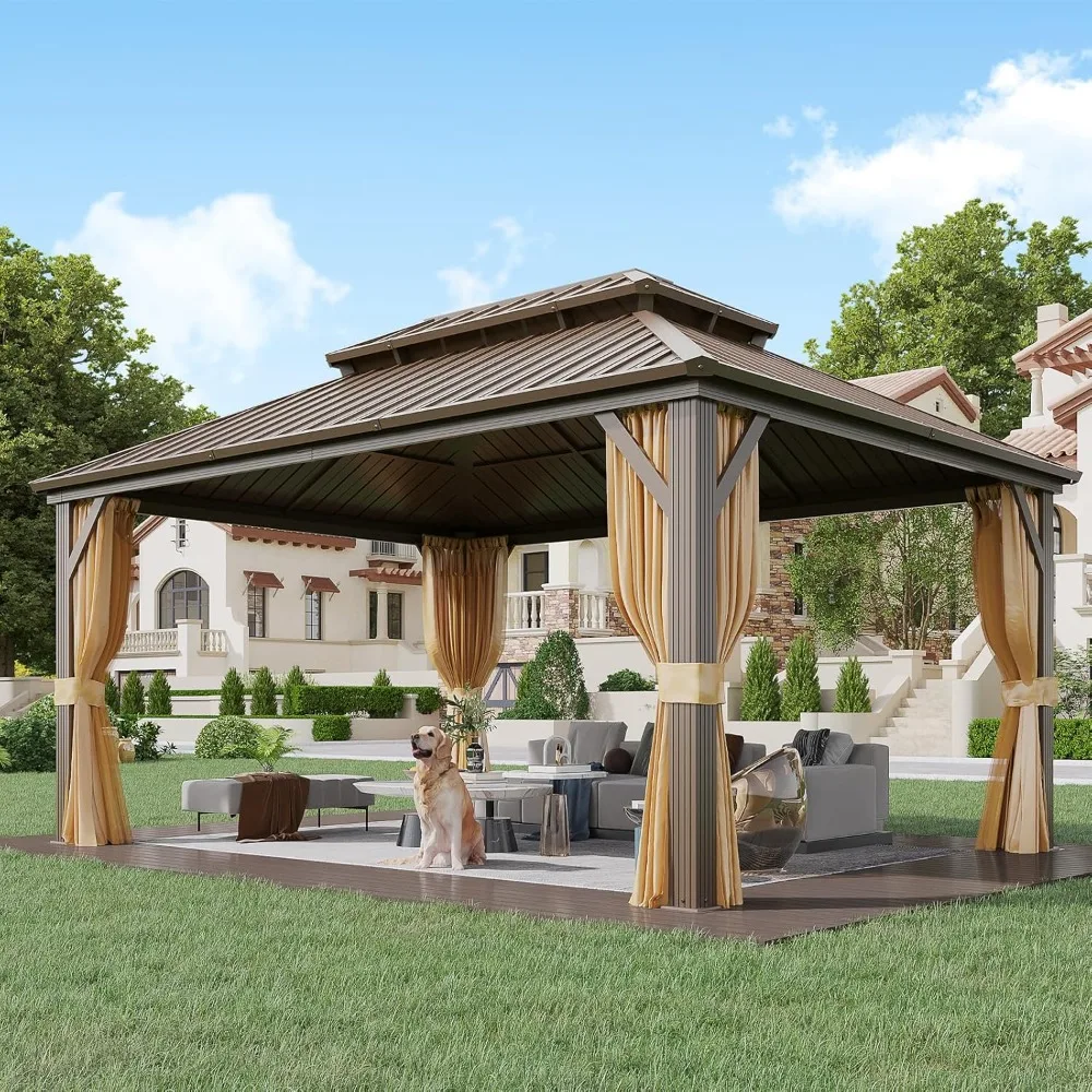 

12' x 16' Gazebo Hardtop with Aluminum Frame,Galvanized Steel Double Roof Gazebos with Curtain and Netting,Outdoor Metal