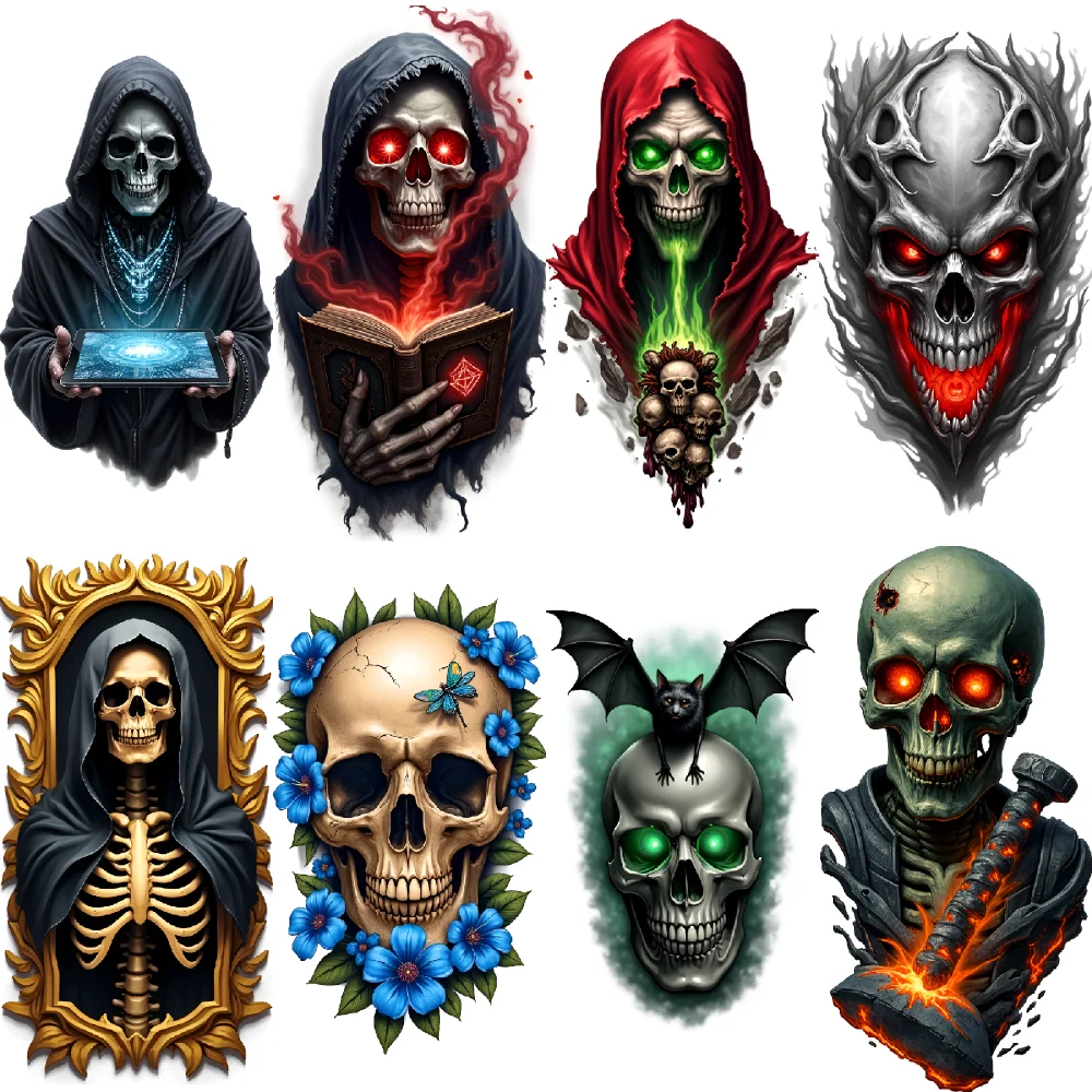 

3pcs Temporary Tattoo Skull With Bat Colorful Realism Flaming Club Skeleton Green-Eyed Skeleton With Skulls Metallic Skull For